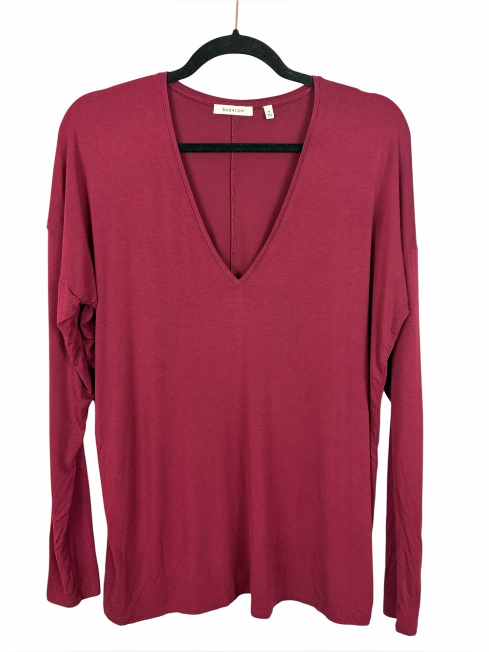 Aritzia Babaton Burgundy Deep V Long Sleeve Top Medium Soft Stretch Minimalist